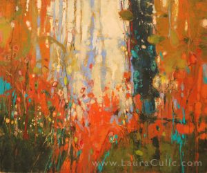 Abstracted Landscape painting in oil and cold wax painting on wood panel: Contemporary Northen Fine Art painting by Laura Culic.