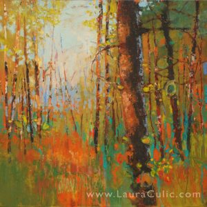 Landscape painting in oil and cold wax painting on wood panel: Contemporary Northen Fine Art painting by Laura Culic.