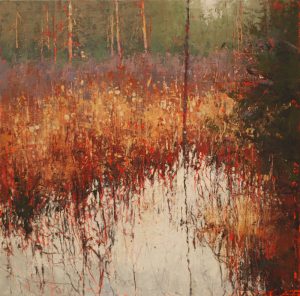 Landscape painting in oil and cold wax painting on wood panel: Contemporary Northen Fine Art painting by Laura Culic.