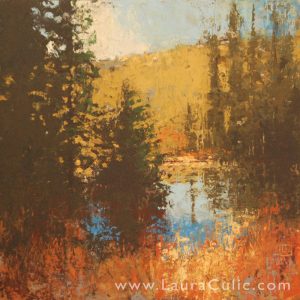 Landscape painting in oil and cold wax painting on wood panel, by Laura Culic.