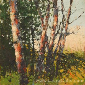 Landscape painting in oil and cold wax on wood panel, by Laura Culic.
