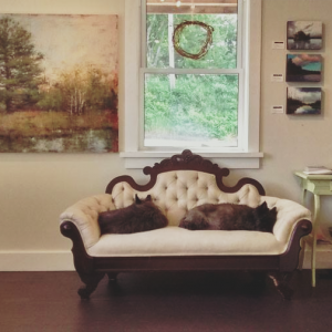 Cairn terriers on sofa at Black Spruce Art Works in Maynooth, Ontario