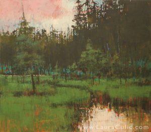 Landscape painting in oil and cold wax on wood panel, by Laura Culic.